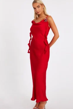 Quiz Satin Corsage Midaxi Dress Red Best