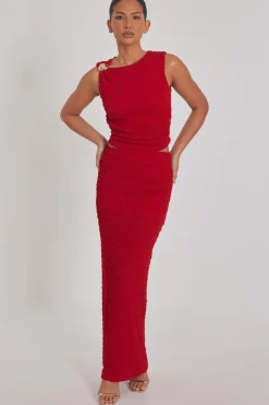 Quiz Red Textured Maxi Skirt New