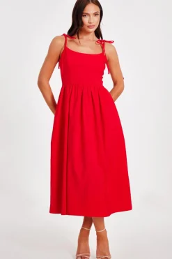 Quiz Red Tie Shoulder Midi Dress Outlet