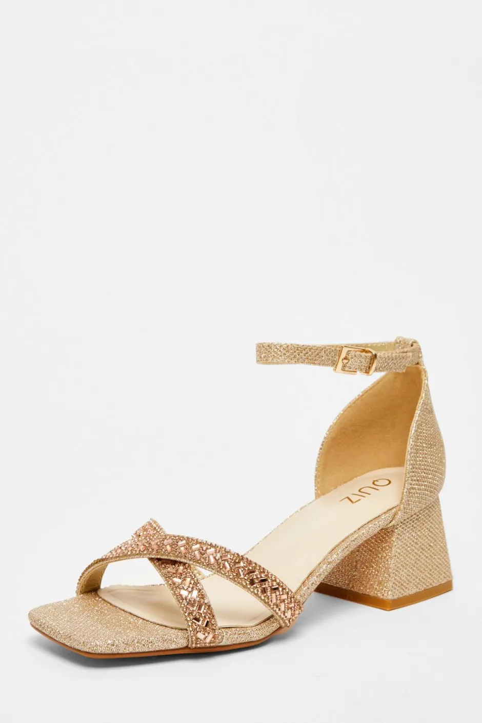 Quiz Diamante Low Block Heels Rose Gold Outlet