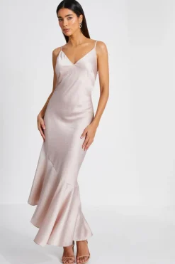 Quiz Satin Asymmetric Midaxi Dress Rose Gold Hot