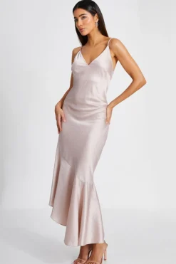 Quiz Satin Asymmetric Midaxi Dress Rose Gold Hot