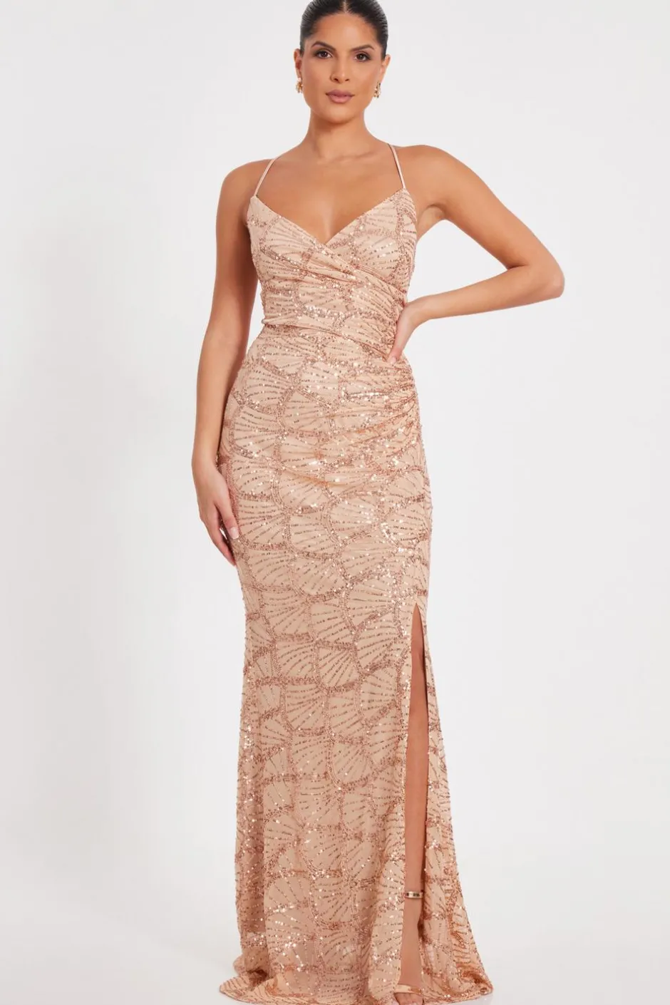 Quiz Rose Gold Sequin Fishtail Maxi Dress Outlet