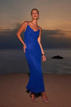 Quiz Royal Blue Diamante Maxi Dress Outlet