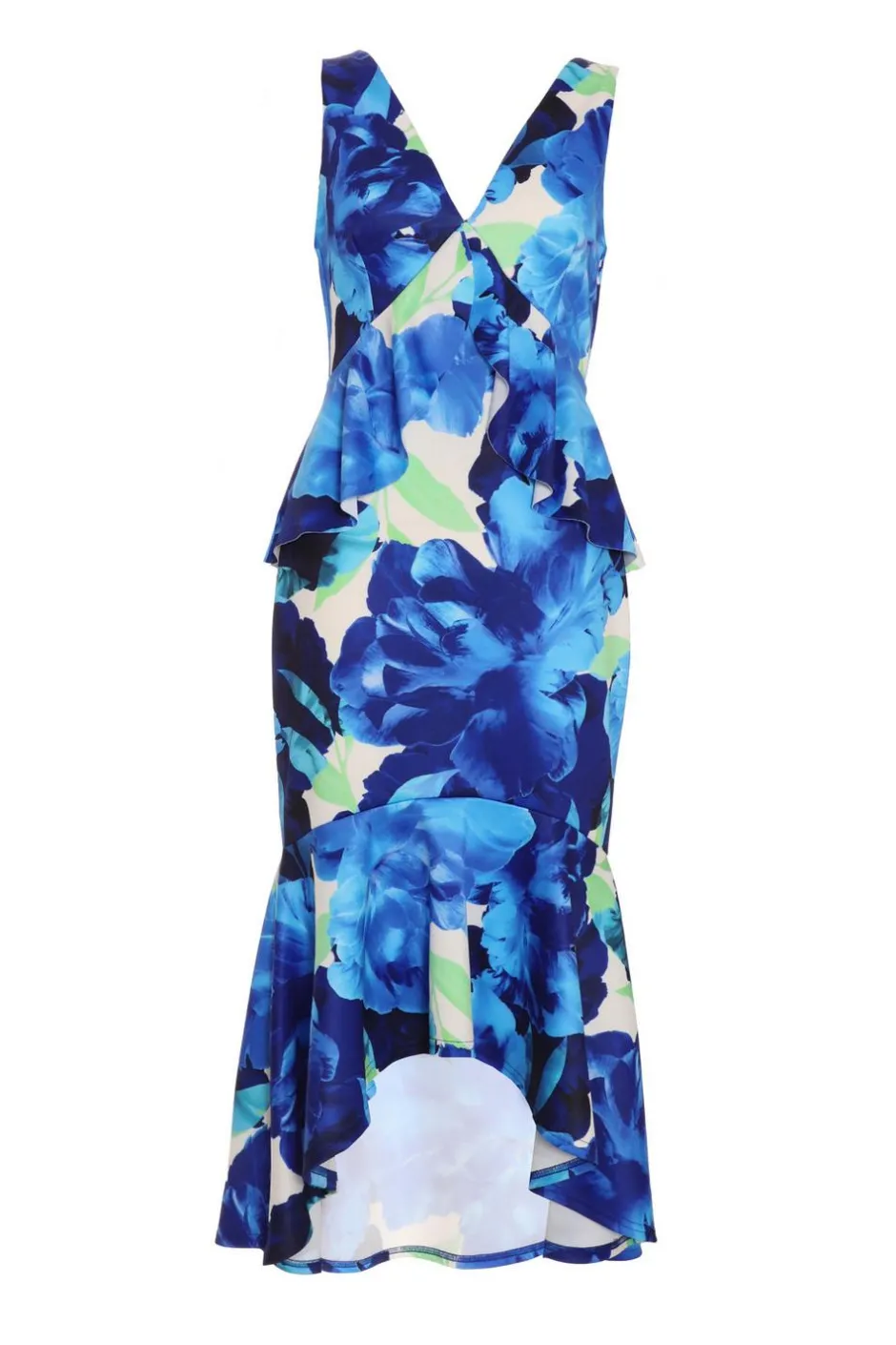 Quiz Royal Blue Floral Frill Midi Dress Clearance