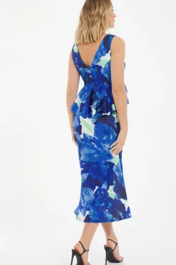Quiz Royal Blue Floral Frill Midi Dress Clearance