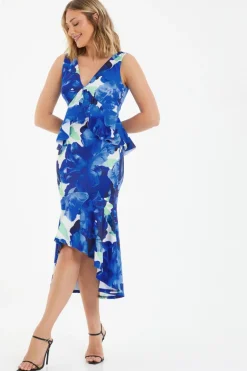 Quiz Royal Blue Floral Frill Midi Dress Clearance