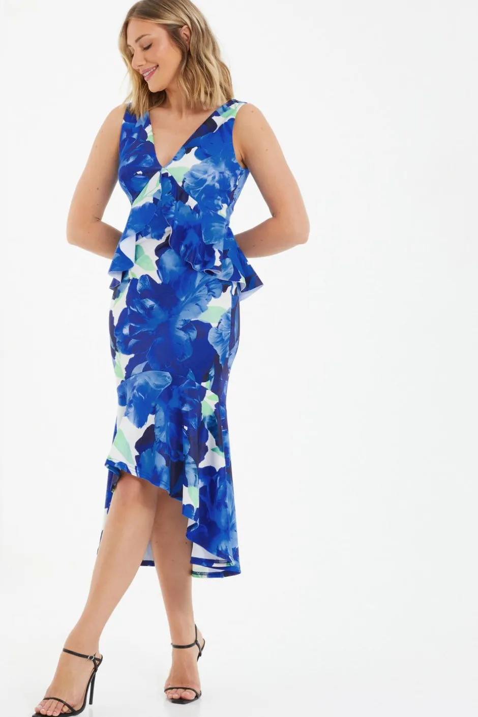Quiz Royal Blue Floral Frill Midi Dress Clearance
