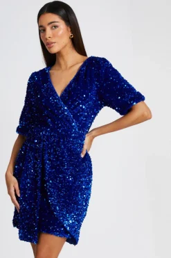 Quiz Royal Blue Sequin Wrap Mini Dress Discount