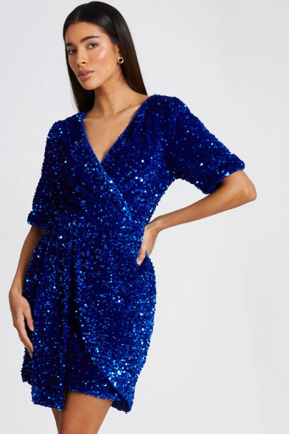 Quiz Royal Blue Sequin Wrap Mini Dress Discount