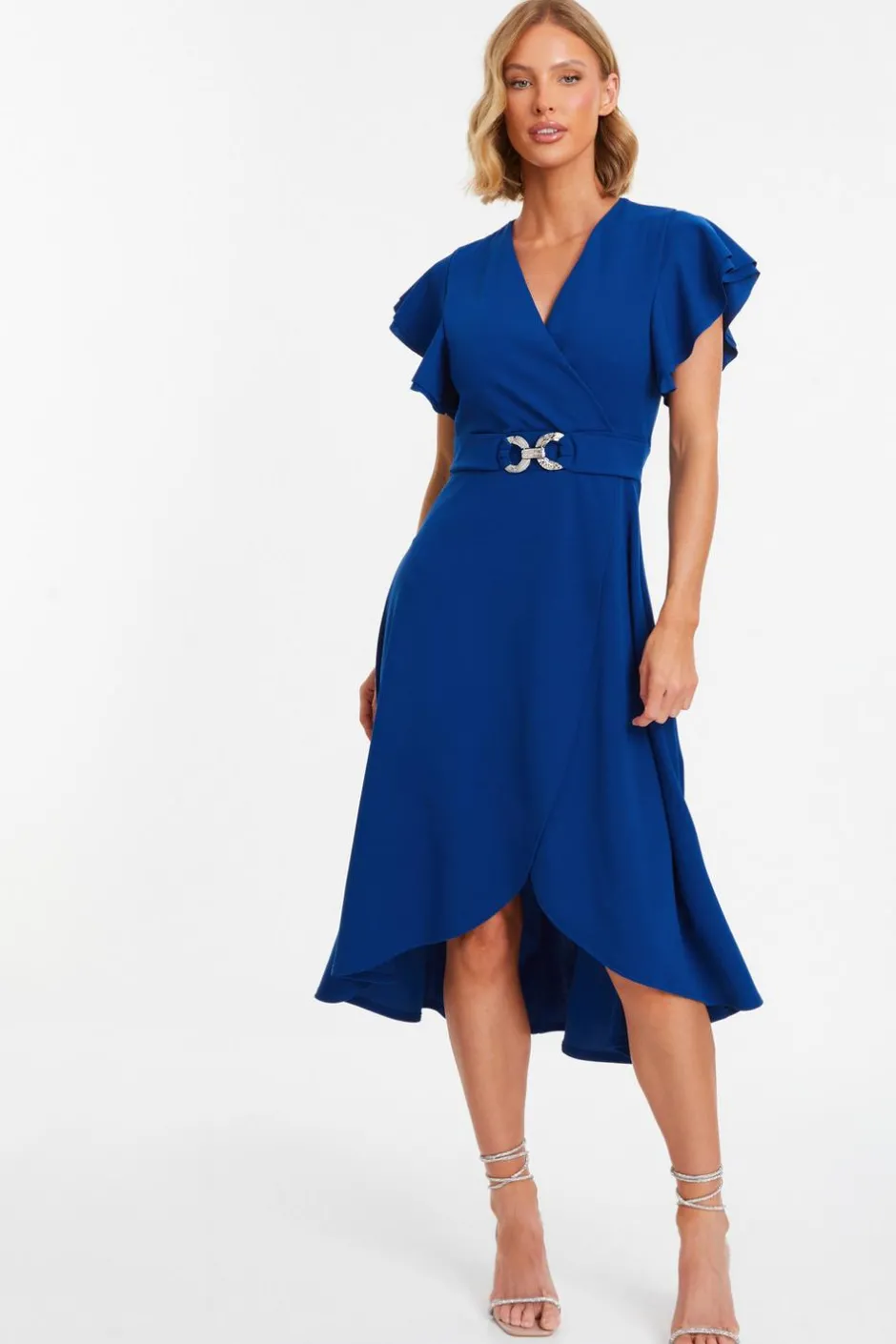 Quiz Royal Blue Wrap Frill Sleeve Midi Dress Outlet