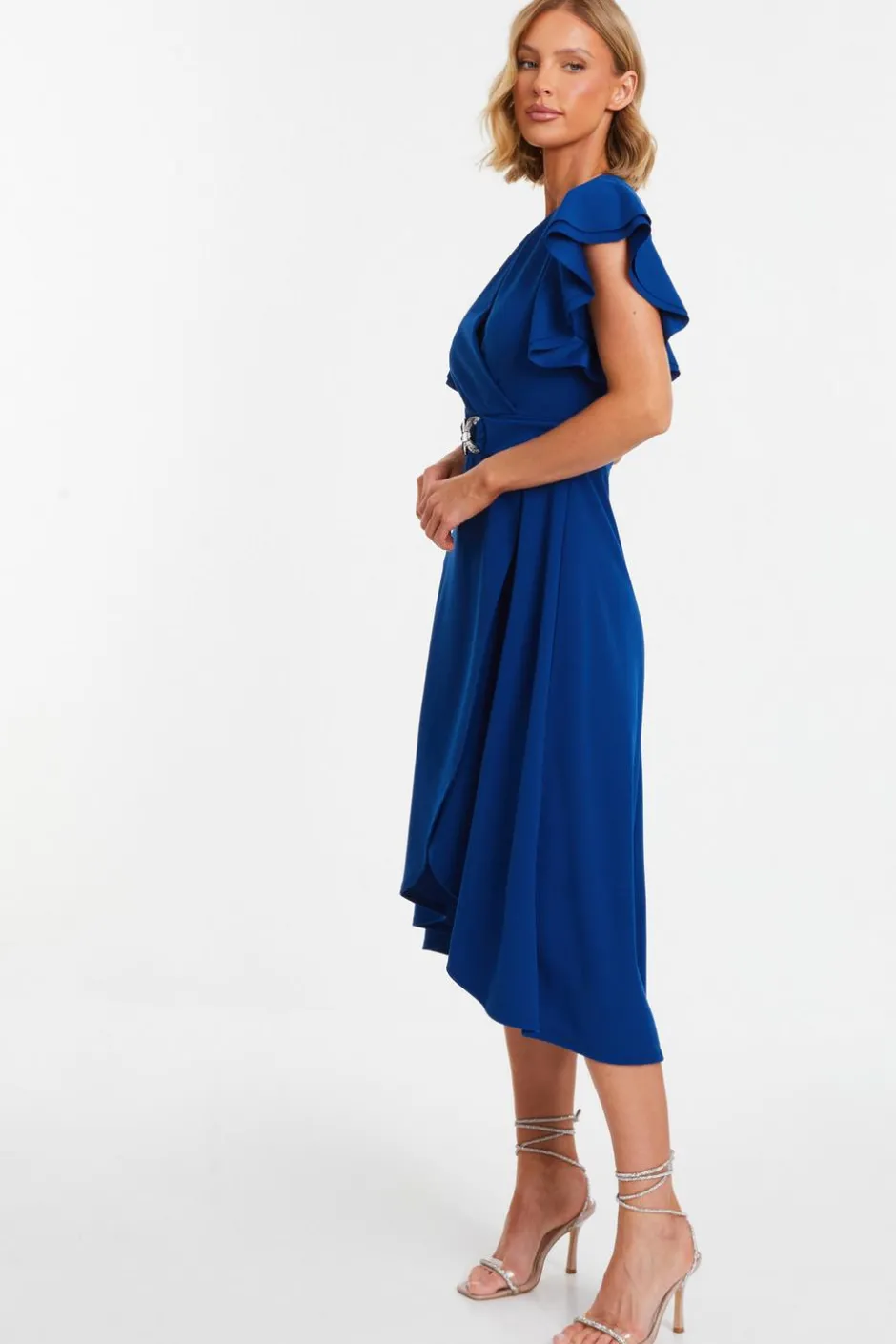 Quiz Royal Blue Wrap Frill Sleeve Midi Dress Outlet