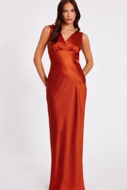 Quiz Satin Cowl Back Maxi Dress Rust Clearance