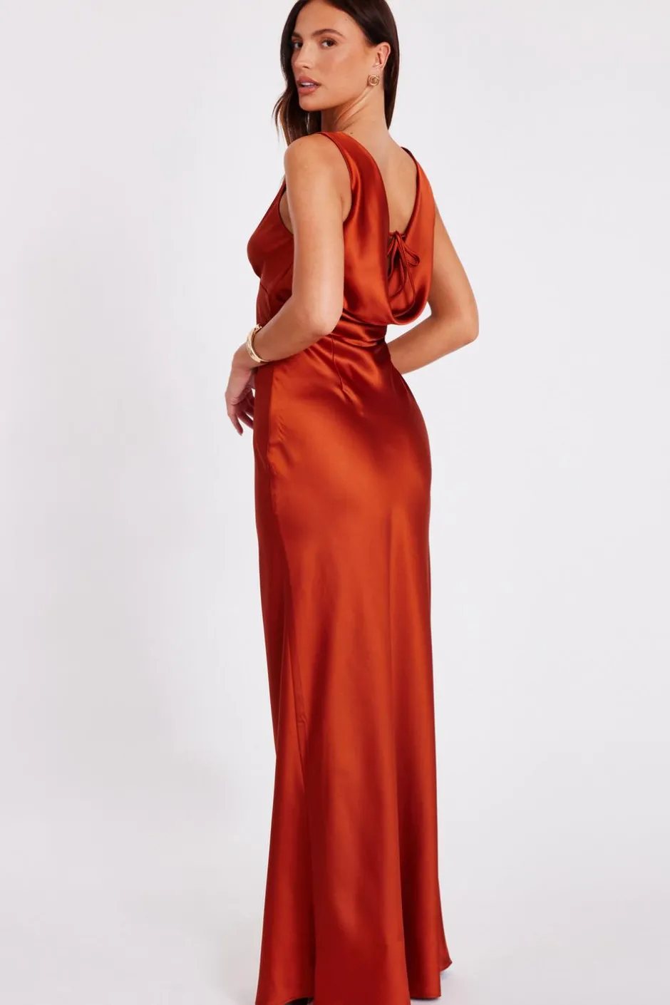 Quiz Satin Cowl Back Maxi Dress Rust Clearance