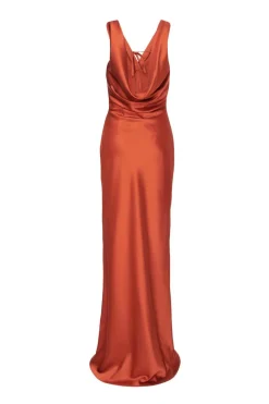 Quiz Satin Cowl Back Maxi Dress Rust Clearance