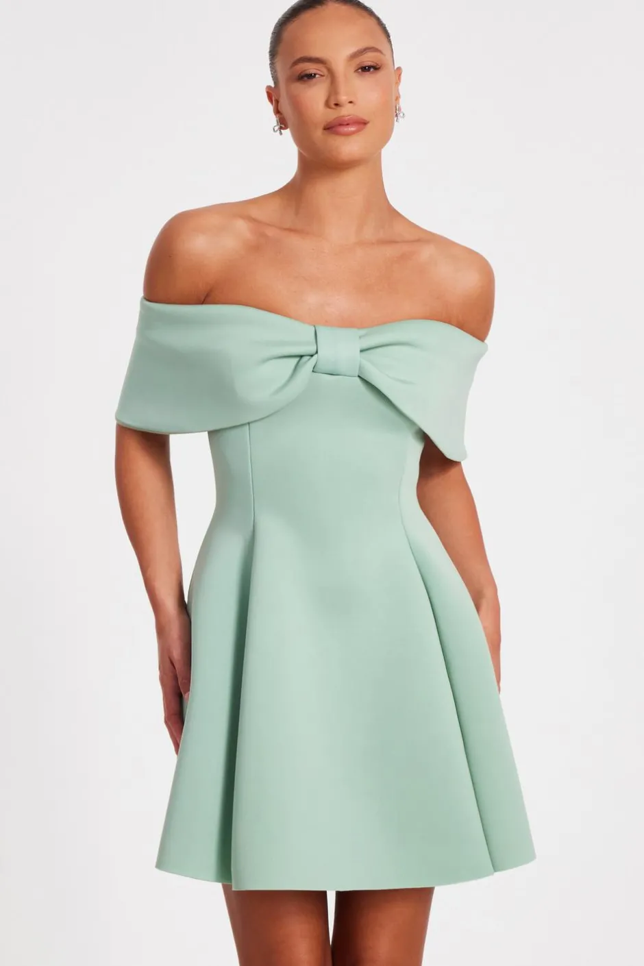Quiz Bardot Bow Skater Dress Sage New