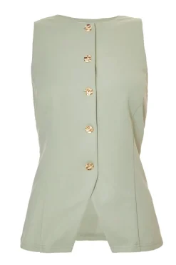 Quiz Button Front Waistcoat Sage
