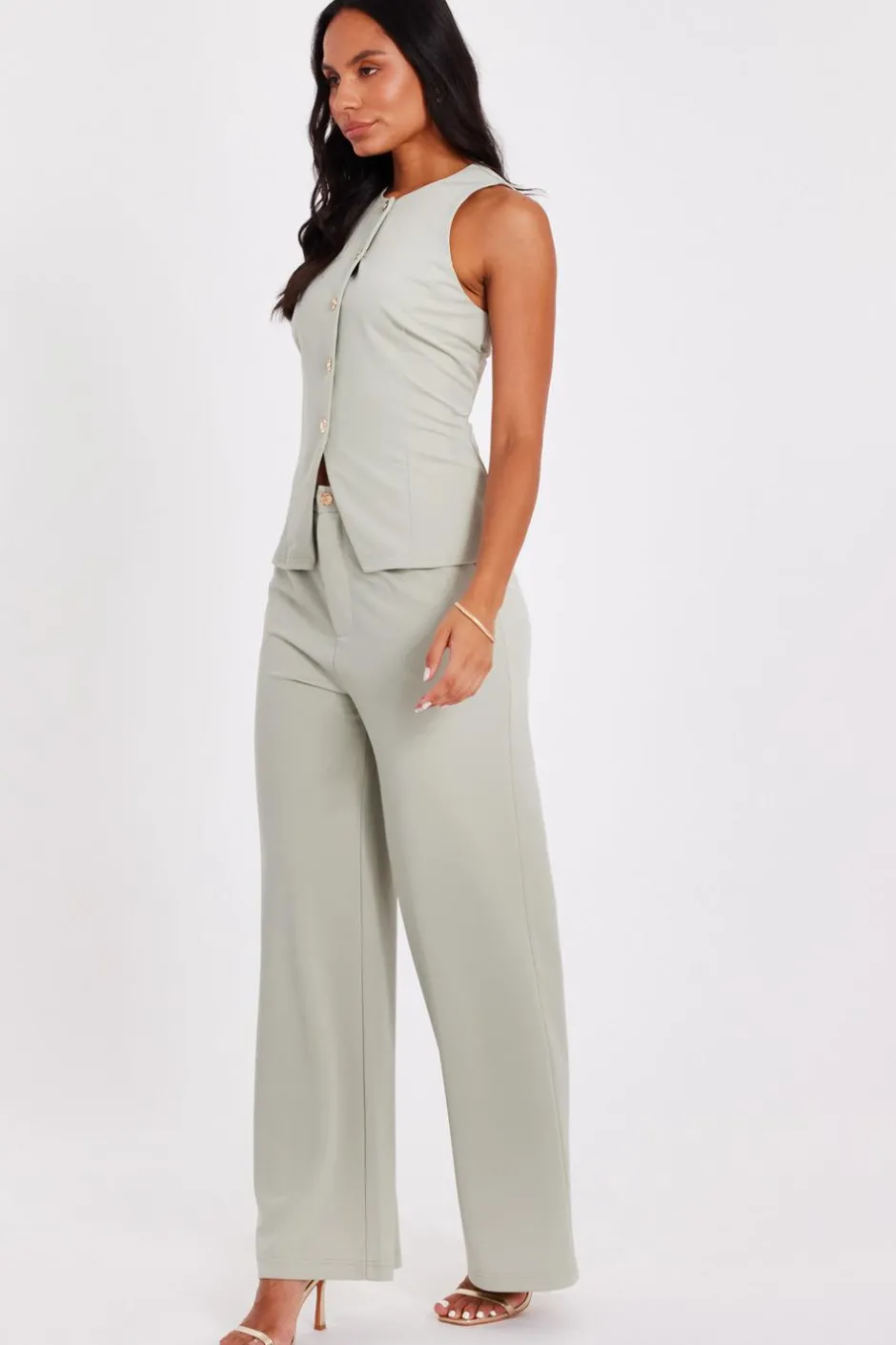 Quiz Button Front Waistcoat Sage
