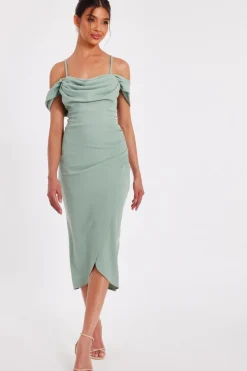 Quiz Cold Shoulder Midi Dress Sage Outlet