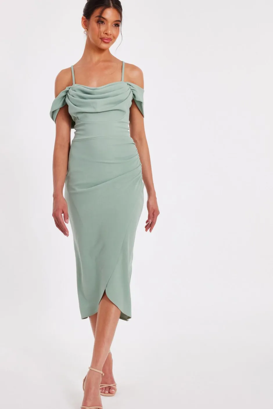 Quiz Cold Shoulder Midi Dress Sage Outlet