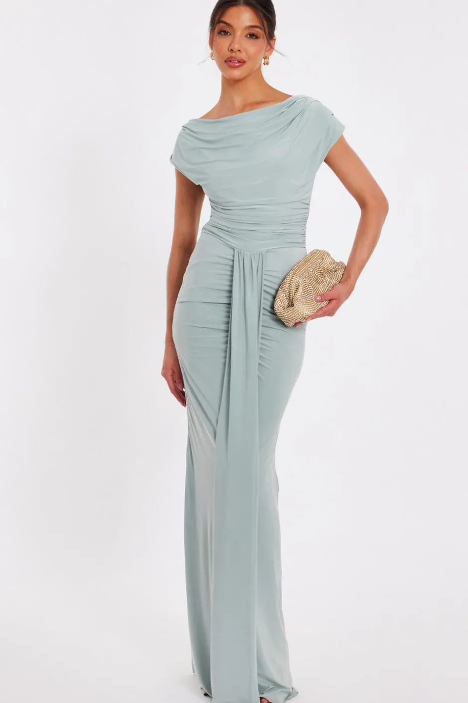 Quiz Drape Front Maxi Dress Sage Clearance