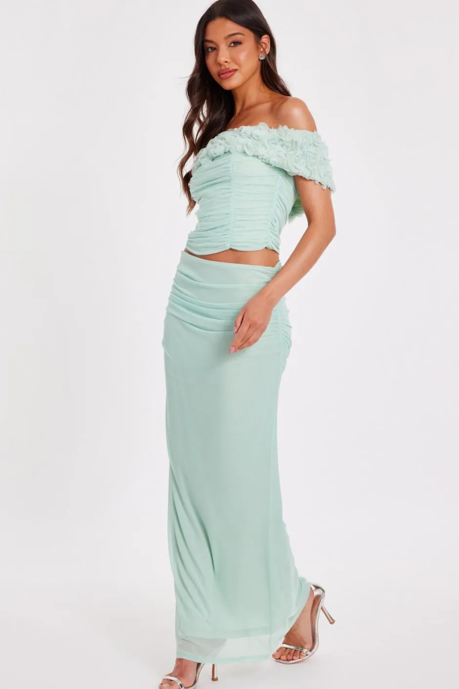 Quiz Floral Mesh Top Sage Clearance