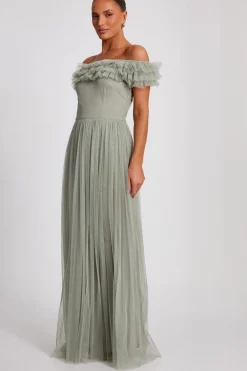 Quiz Sage Mesh Bardot Maxi Dress Discount
