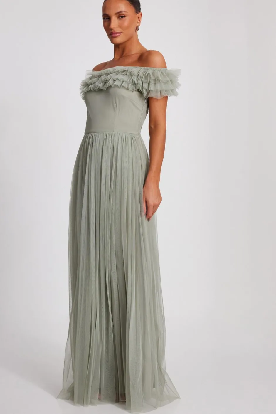 Quiz Sage Mesh Bardot Maxi Dress Discount