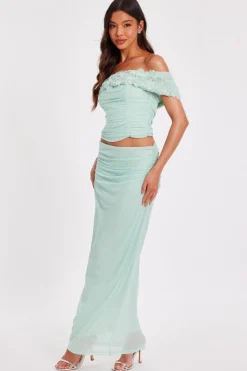 Quiz Mesh Ruched Midaxi Skirt Sage Discount