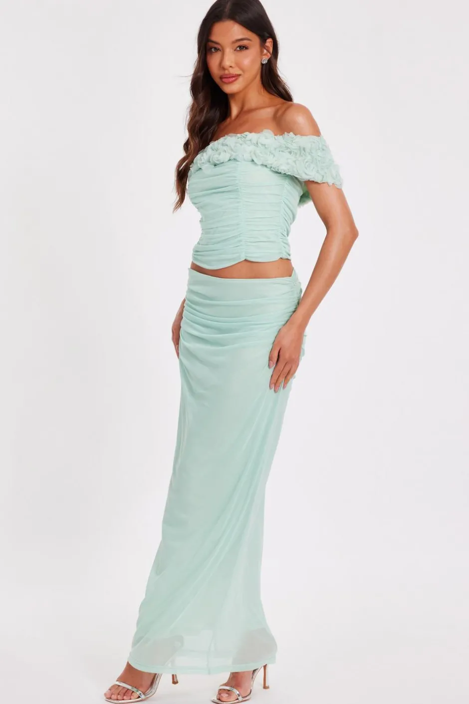 Quiz Mesh Ruched Midaxi Skirt Sage Discount