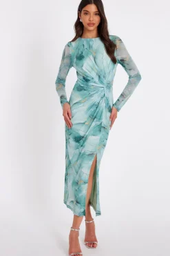 Quiz Sage Printed Diamante Midaxi Dress Clearance