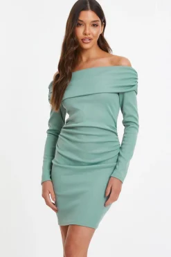 Quiz Sage Ribbed Bardot Mini Ruched Dress Online
