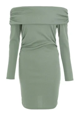 Quiz Sage Ribbed Bardot Mini Ruched Dress Online