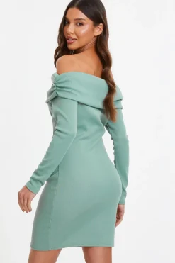 Quiz Sage Ribbed Bardot Mini Ruched Dress Online