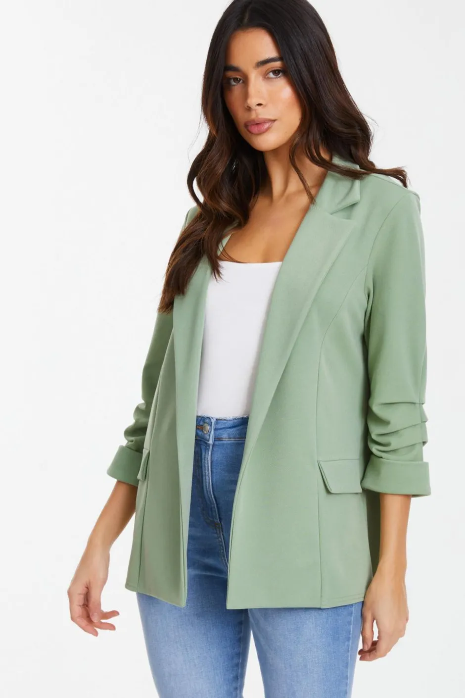 Quiz Ruched Sleeve Blazer Sage Clearance