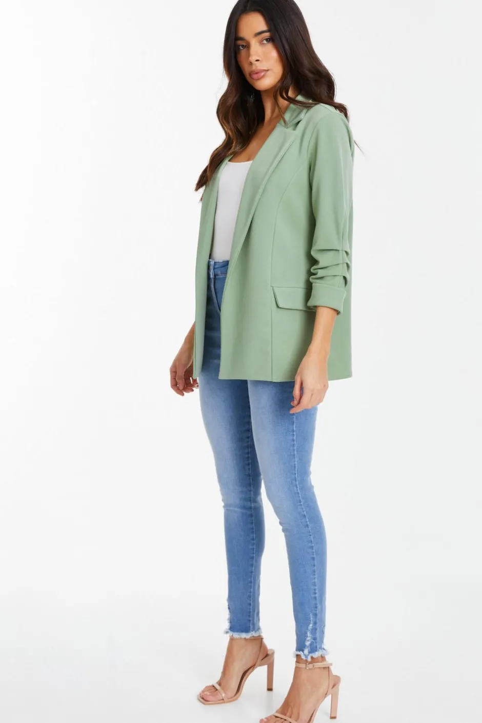 Quiz Ruched Sleeve Blazer Sage Clearance
