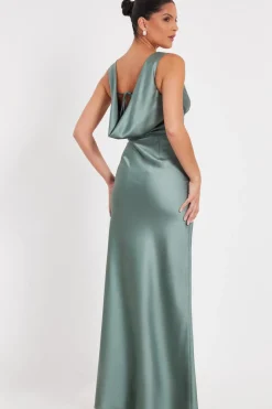 Quiz Satin Cowl Back Maxi Dress Sage Online