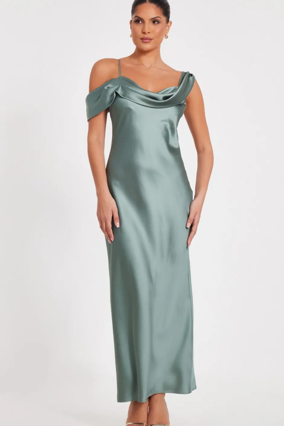 Quiz Satin Drop Shoulder Maxi Dress Sage