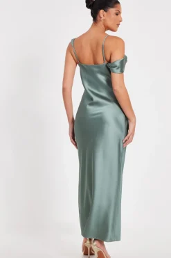 Quiz Satin Drop Shoulder Maxi Dress Sage