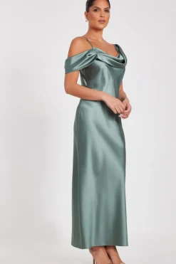 Quiz Satin Drop Shoulder Maxi Dress Sage
