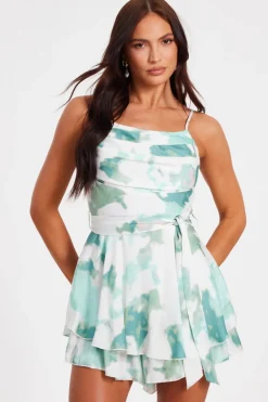Quiz Sage Satin Marble Print Playsuit Hot