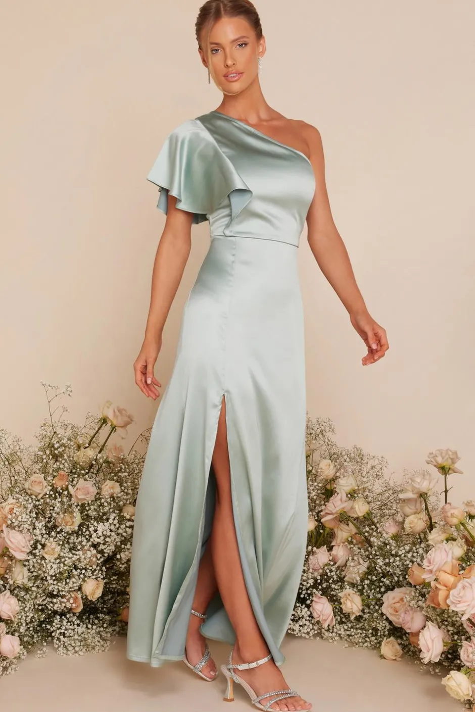 Quiz Satin One Shoulder Maxi Dress Sage Outlet