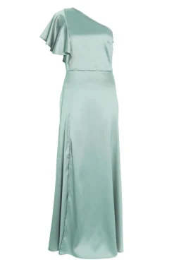 Quiz Satin One Shoulder Maxi Dress Sage Outlet