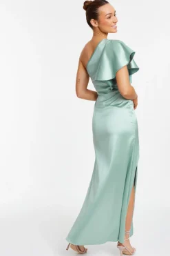 Quiz Satin One Shoulder Maxi Dress Sage Outlet