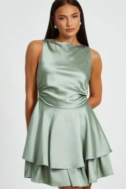 Quiz Satin Tiered Skater Dress Sage Hot