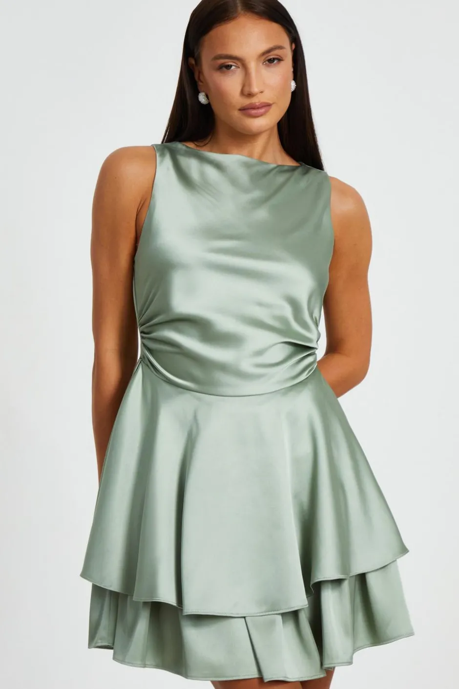 Quiz Satin Tiered Skater Dress Sage Hot