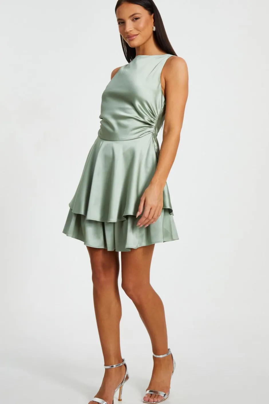 Quiz Satin Tiered Skater Dress Sage Hot