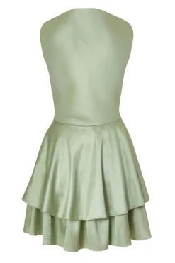 Quiz Satin Tiered Skater Dress Sage Hot