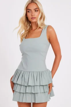 Quiz Tiered Mini Dress Sage Outlet
