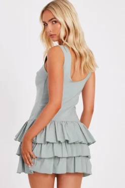 Quiz Tiered Mini Dress Sage Outlet